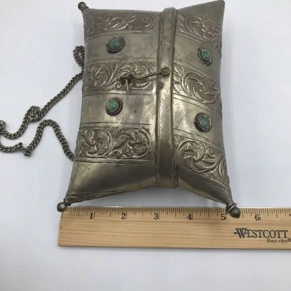Silverplate Metal Purse‎ Pillow Clutch with cabouchons. 32 Chain